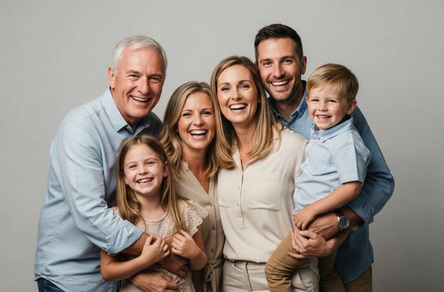 A heartwarming, professional studio portrait of a laughing family in Edithvale, showcasing exceptional studio photography Edithvale Victoria for stunning portraits, with dramatic, soft lighting creating an intimate, joyful atmosphere.