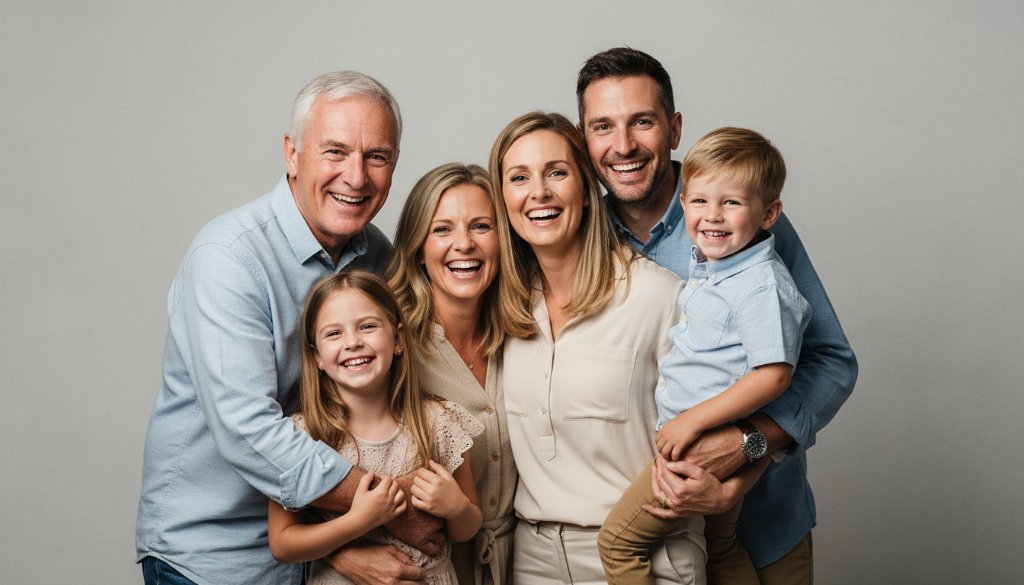 A heartwarming, professional studio portrait of a laughing family in Edithvale, showcasing exceptional studio photography Edithvale Victoria for stunning portraits, with dramatic, soft lighting creating an intimate, joyful atmosphere.