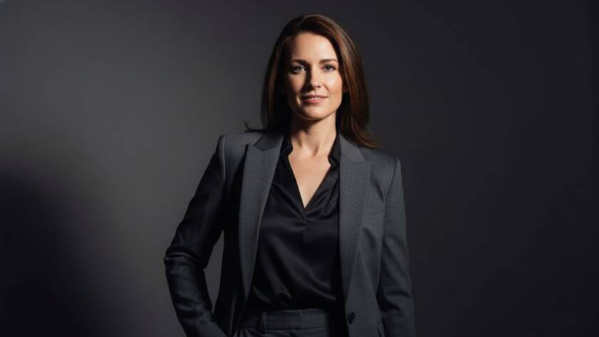 A dramatic, high-contrast studio portrait of a confident female entrepreneur, captured with exceptional studio photography in Noble Park North, showcasing strong determination and professional lighting.