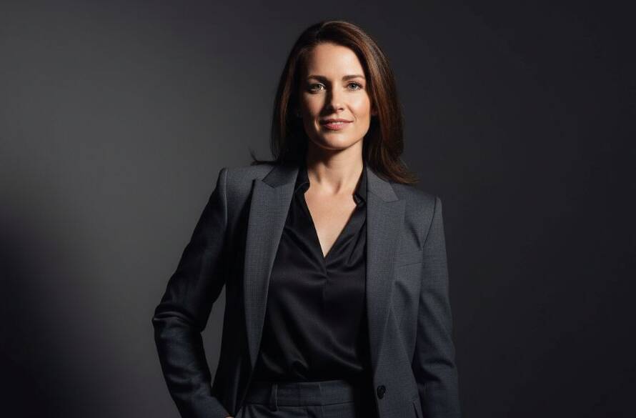 A dramatic, high-contrast studio portrait of a confident female entrepreneur, captured with exceptional studio photography in Noble Park North, showcasing strong determination and professional lighting.