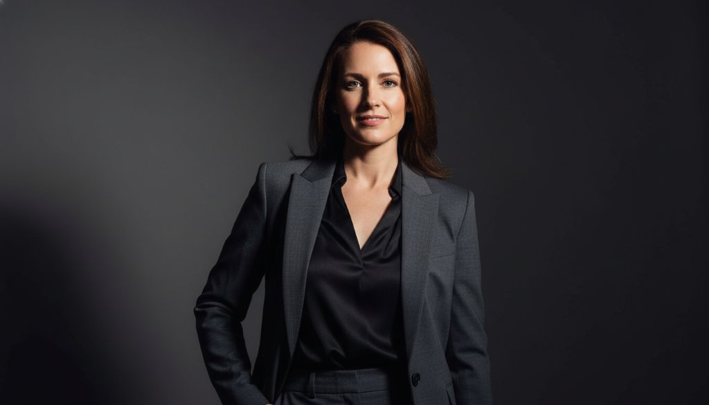 A dramatic, high-contrast studio portrait of a confident female entrepreneur, captured with exceptional studio photography in Noble Park North, showcasing strong determination and professional lighting.