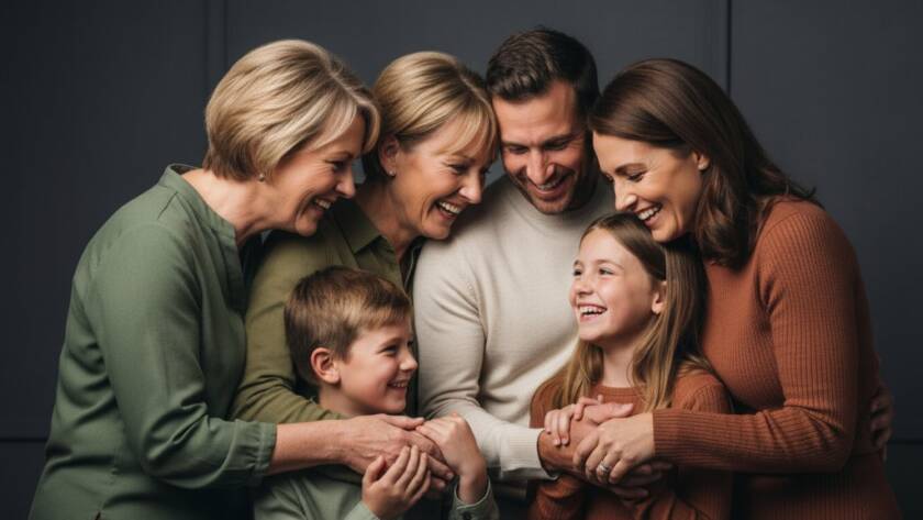 A heartwarming, professionally lit studio portrait of a multi-generational Hallam family, laughing genuinely as they embrace, capturing an epic moment of connection, representing exceptional studio portrait photography Hallam families will cherish.