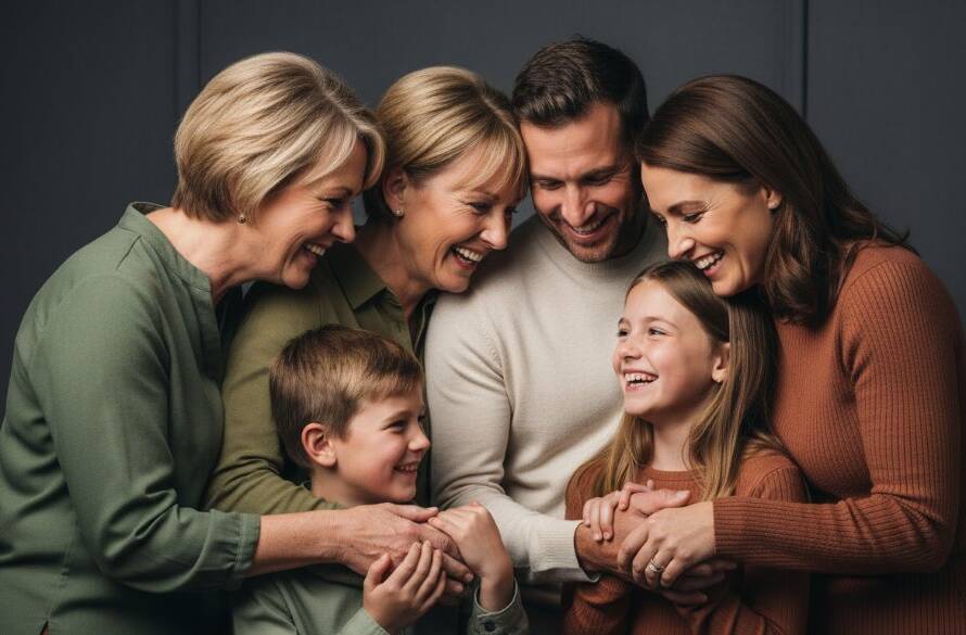 A heartwarming, professionally lit studio portrait of a multi-generational Hallam family, laughing genuinely as they embrace, capturing an epic moment of connection, representing exceptional studio portrait photography Hallam families will cherish.