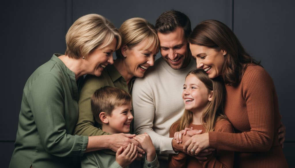 A heartwarming, professionally lit studio portrait of a multi-generational Hallam family, laughing genuinely as they embrace, capturing an epic moment of connection, representing exceptional studio portrait photography Hallam families will cherish.