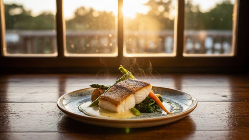 Exceptional Swan Hill food photography capturing a perfectly plated gourmet dish, dramatically lit on a rustic table inside a heritage Swan Hill restaurant, showcasing rich colours and textures.