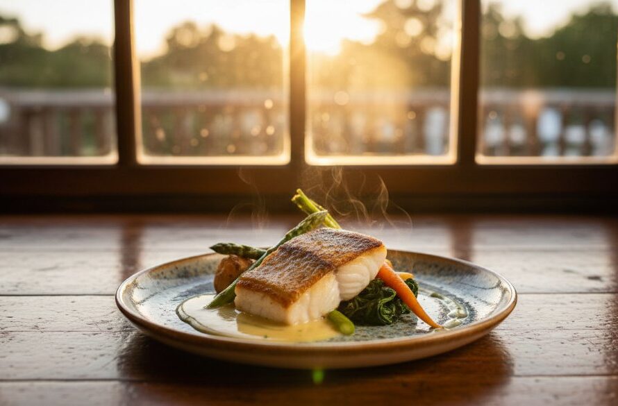 Exceptional Swan Hill food photography capturing a perfectly plated gourmet dish, dramatically lit on a rustic table inside a heritage Swan Hill restaurant, showcasing rich colours and textures.