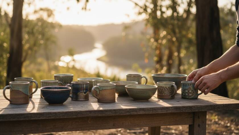 An artisan's hands gently arranging beautifully handcrafted ceramic mugs and bowls on a rustic wooden table, bathed in warm, golden hour light filtering through eucalyptus trees in Warrandyte South, exemplifying exceptional Warrandyte South handcrafted product photography with a sense of natural authenticity.