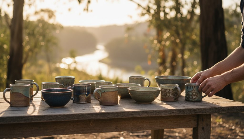 An artisan's hands gently arranging beautifully handcrafted ceramic mugs and bowls on a rustic wooden table, bathed in warm, golden hour light filtering through eucalyptus trees in Warrandyte South, exemplifying exceptional Warrandyte South handcrafted product photography with a sense of natural authenticity.