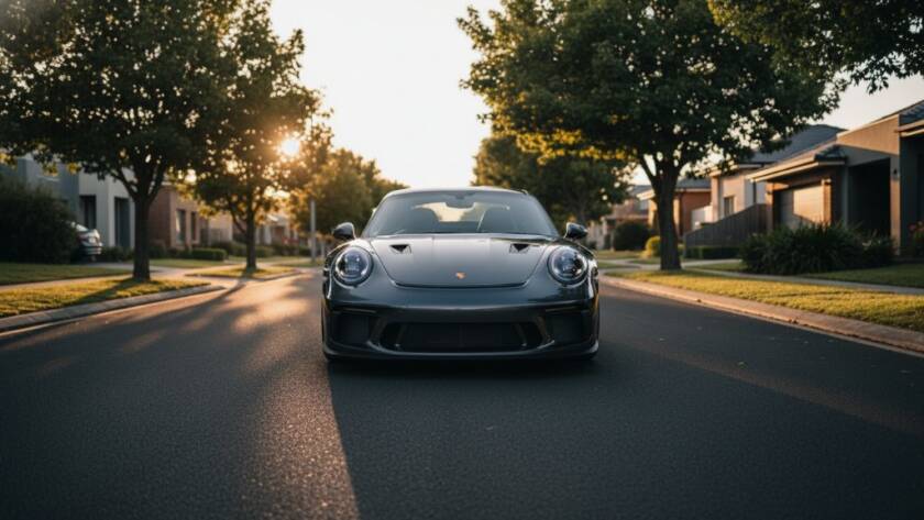 Dynamic wide shot of a sleek, dark luxury sports car parked majestically at sunset on a quiet street in Box Hill North, Victoria, under dramatic skies, showcasing exclusive Box Hill North luxury car photography.