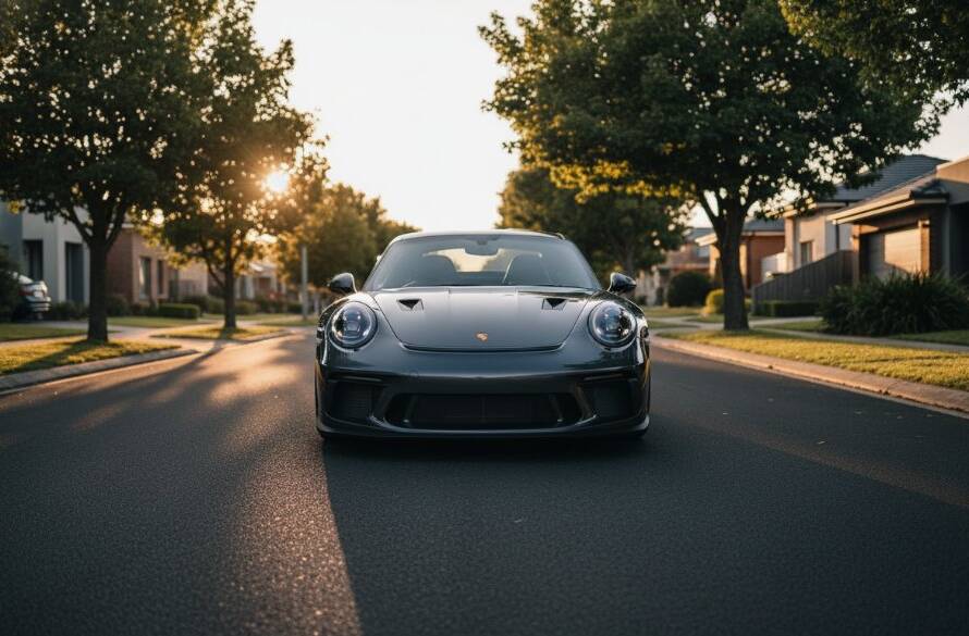 Dynamic wide shot of a sleek, dark luxury sports car parked majestically at sunset on a quiet street in Box Hill North, Victoria, under dramatic skies, showcasing exclusive Box Hill North luxury car photography.