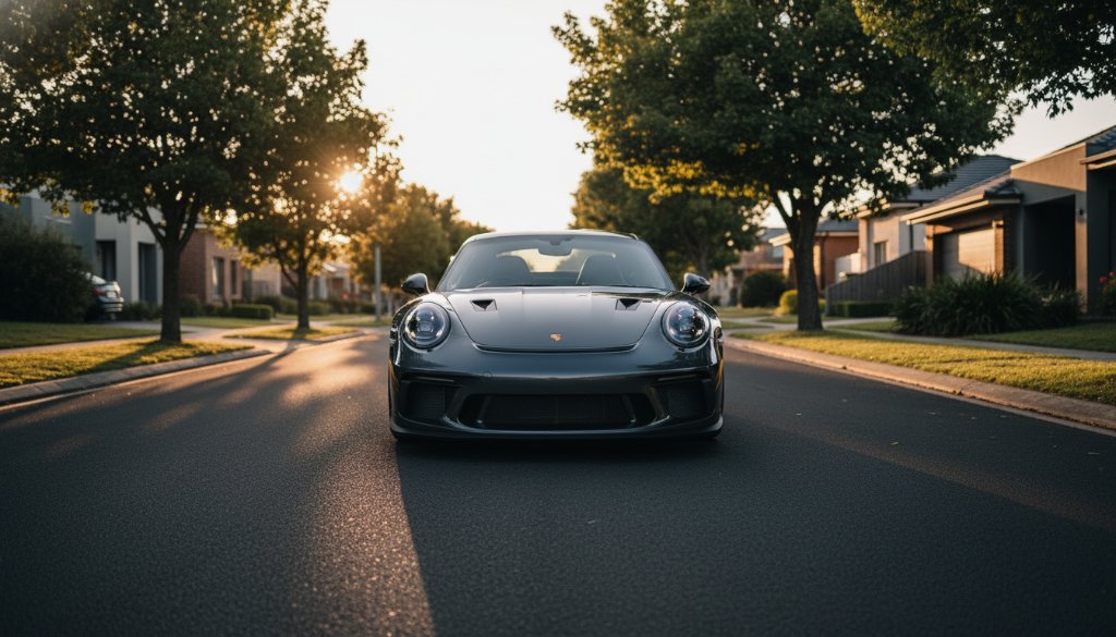 Dynamic wide shot of a sleek, dark luxury sports car parked majestically at sunset on a quiet street in Box Hill North, Victoria, under dramatic skies, showcasing exclusive Box Hill North luxury car photography.