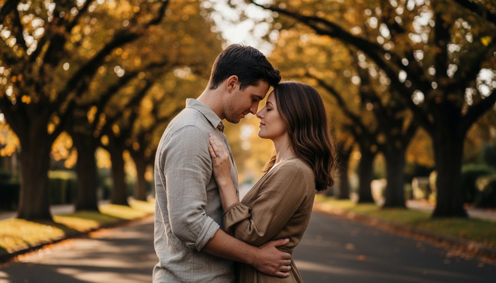 An Exclusive Gardenvale fine art photography experience captured: A mother and child silhouetted against a dramatic sunset over a classic Gardenvale street, evoking timeless elegance and deep emotional connection. The scene is bathed in golden light, with soft focus on the background, creating a painterly, fine art effect.