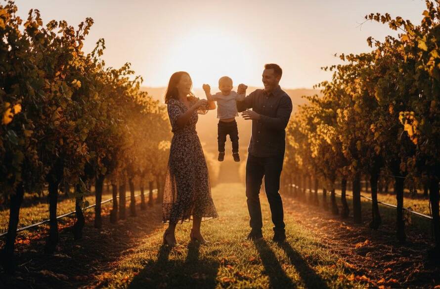A heartwarming, sun-drenched photograph capturing genuine Exford candid family photography joy, as parents laugh while playfully tossing their child in the golden light of an Exford vineyard at sunset, with rolling hills in the background, creating an epic moment of connection.