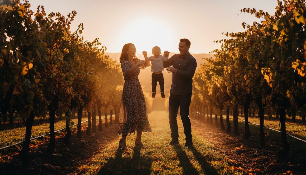 A heartwarming, sun-drenched photograph capturing genuine Exford candid family photography joy, as parents laugh while playfully tossing their child in the golden light of an Exford vineyard at sunset, with rolling hills in the background, creating an epic moment of connection.