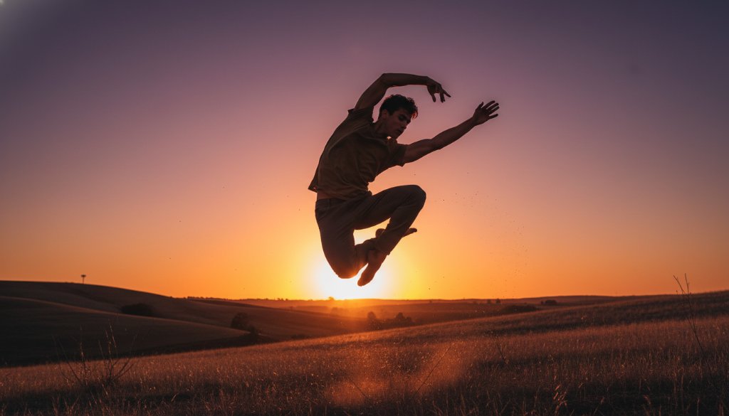 A male dancer in mid-air, striking a powerful pose against a dramatic sunset over rolling hills in Exford, Victoria, for an Exford dance photography outdoor portraiture session. Professional photography, dramatic lighting, rich colours.