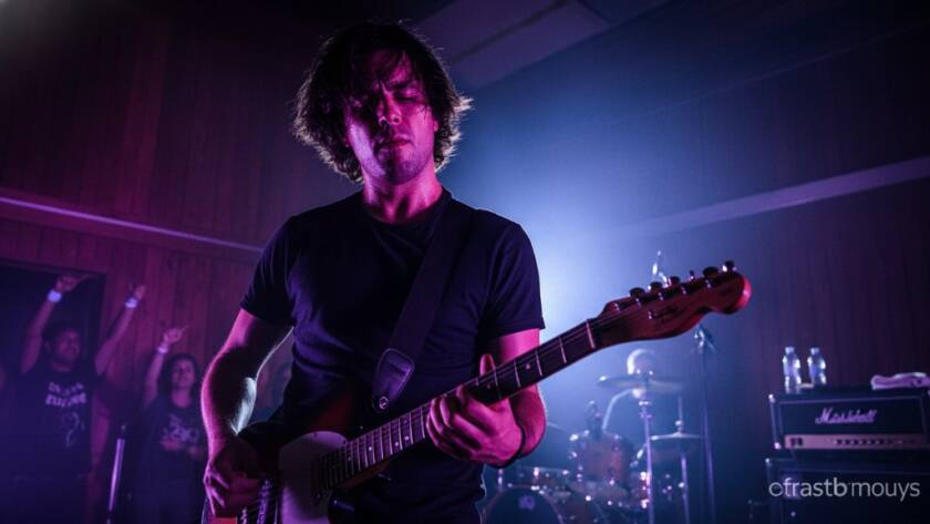 An electrifying close-up shot of a lead guitarist mid-shred under dramatic purple and blue stage lights at an Exford music venue, sweat glistening, capturing the raw energy and passion of Exford's Hidden Gem Live Music Photography scene.
