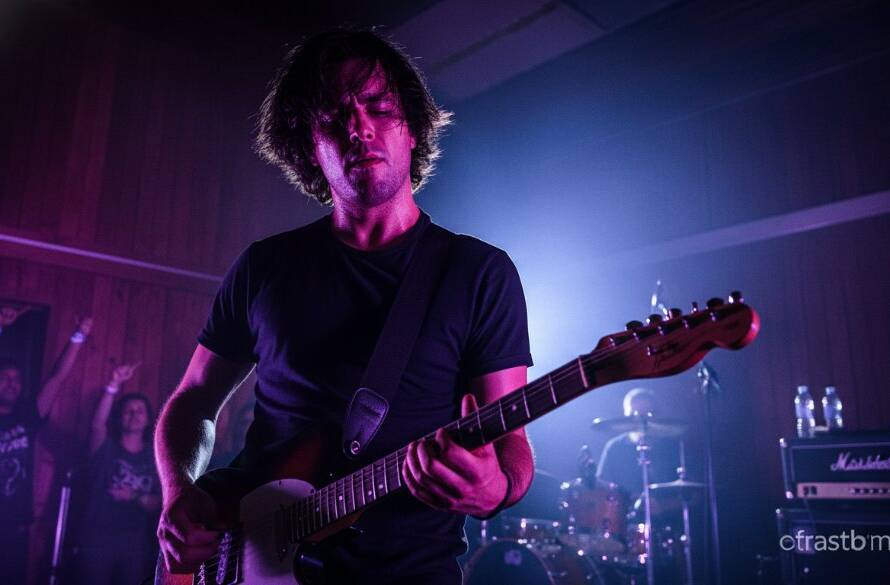 An electrifying close-up shot of a lead guitarist mid-shred under dramatic purple and blue stage lights at an Exford music venue, sweat glistening, capturing the raw energy and passion of Exford's Hidden Gem Live Music Photography scene.