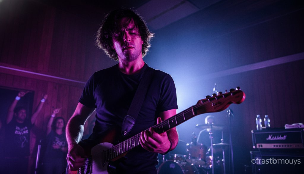 An electrifying close-up shot of a lead guitarist mid-shred under dramatic purple and blue stage lights at an Exford music venue, sweat glistening, capturing the raw energy and passion of Exford's Hidden Gem Live Music Photography scene.