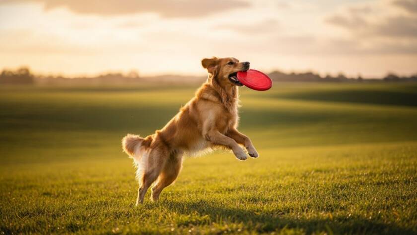 A golden retriever mid-leap, joyfully catching a frisbee in a sun-drenched field in Exford, Victoria, embodying Exford pet photography for joyful outdoor portraits.