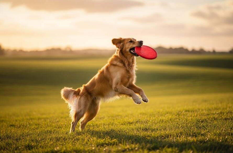 A golden retriever mid-leap, joyfully catching a frisbee in a sun-drenched field in Exford, Victoria, embodying Exford pet photography for joyful outdoor portraits.
