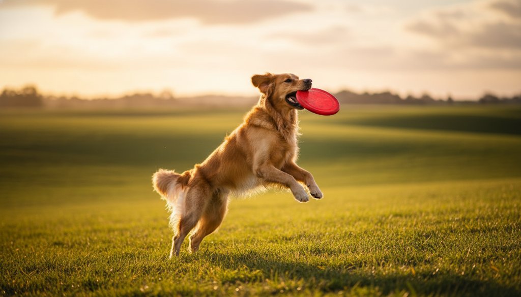 A golden retriever mid-leap, joyfully catching a frisbee in a sun-drenched field in Exford, Victoria, embodying Exford pet photography for joyful outdoor portraits.