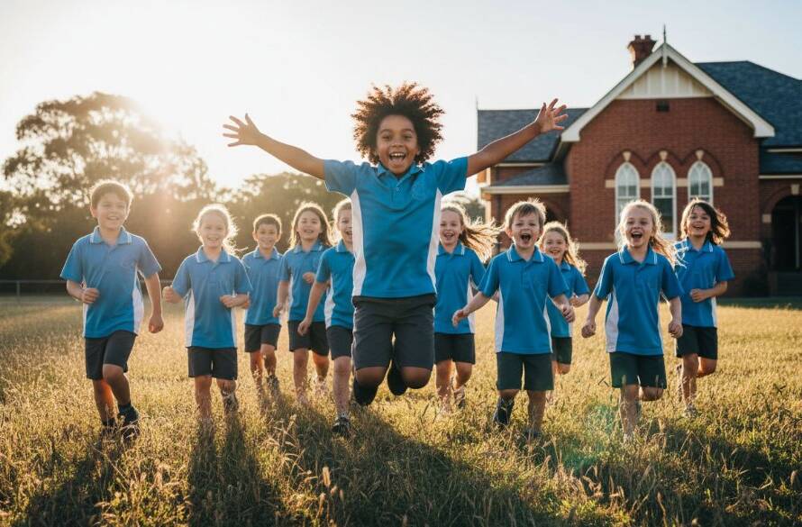 A vibrant, professionally color-graded wide shot capturing the pure joy of Exford primary school children during a playful outdoor group activity, showcasing an epic moment of camaraderie, with the sun setting softly over the rural Exford landscape in the background, embodying Exford primary school photography vibrant memories.