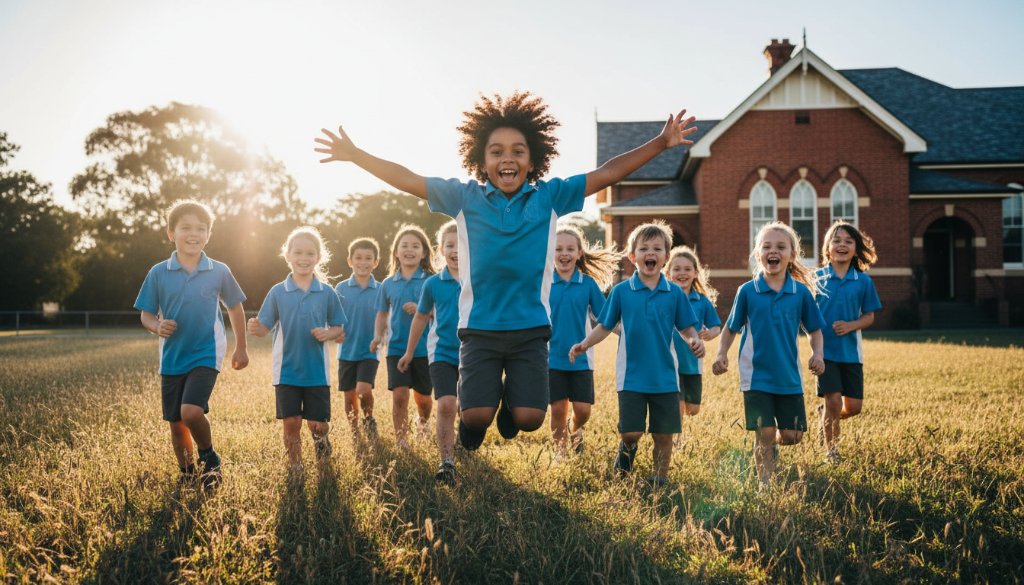 A vibrant, professionally color-graded wide shot capturing the pure joy of Exford primary school children during a playful outdoor group activity, showcasing an epic moment of camaraderie, with the sun setting softly over the rural Exford landscape in the background, embodying Exford primary school photography vibrant memories.