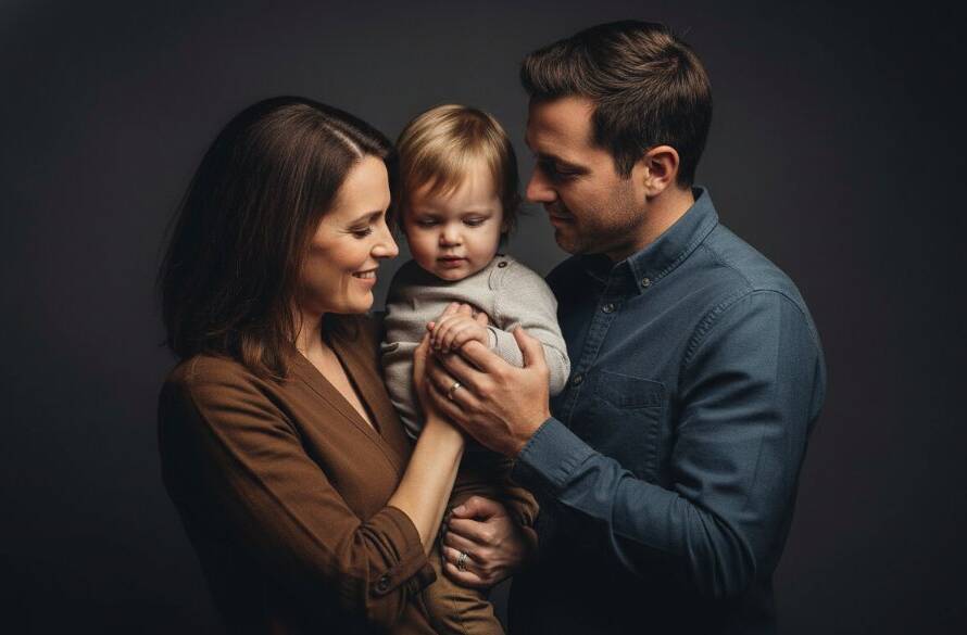 An emotionally resonant, professional studio portrait capturing an epic moment of connection between a family in Exford, utilizing dramatic lighting and deep shadows, as an example of Exford studio photography for unique portraits.