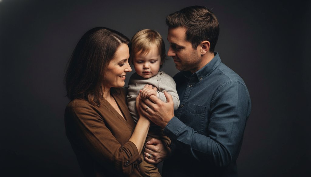 An emotionally resonant, professional studio portrait capturing an epic moment of connection between a family in Exford, utilizing dramatic lighting and deep shadows, as an example of Exford studio photography for unique portraits.