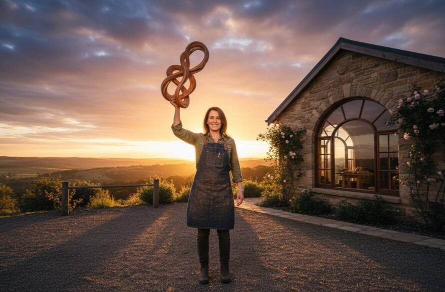 An Exford Victoria branding photography shot featuring a local artisan passionately crafting pottery at sunset, dramatic golden hour light, reflecting dedication and local charm.