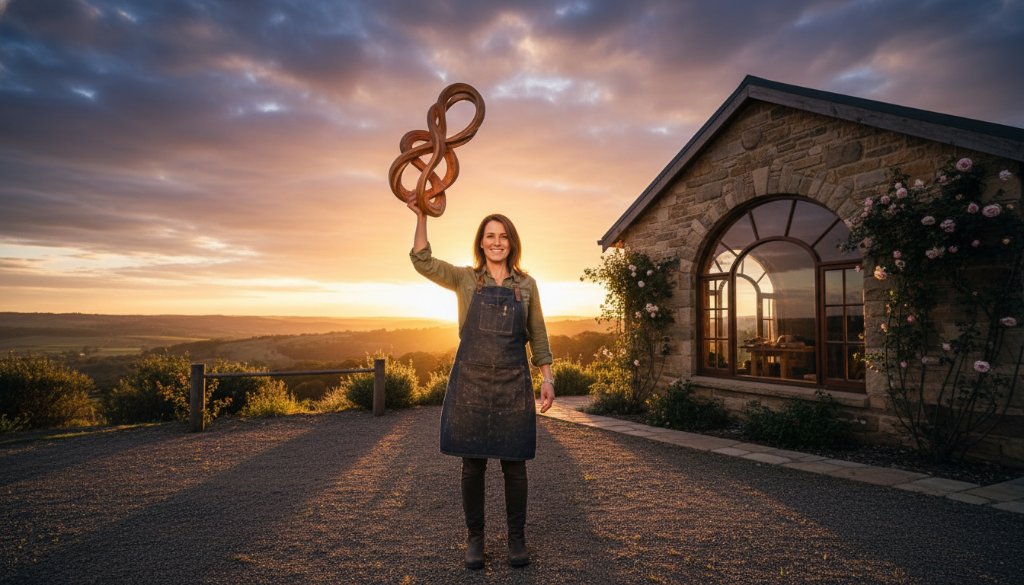 An Exford Victoria branding photography shot featuring a local artisan passionately crafting pottery at sunset, dramatic golden hour light, reflecting dedication and local charm.