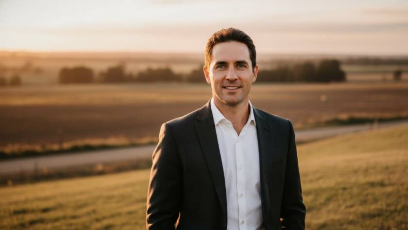 Dynamic Exford Victoria business headshots that impress a successful executive, captured at sunset with the rustic Exford landscape in the background, showing confidence and professionalism.
