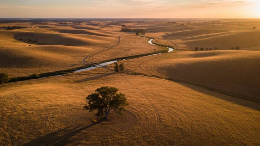 A dramatic aerial shot capturing the expansive Exford Victoria rural landscapes at sunrise, with golden light illuminating rolling hills and a winding river, perfectly showcasing the breathtaking scale of drone photography.