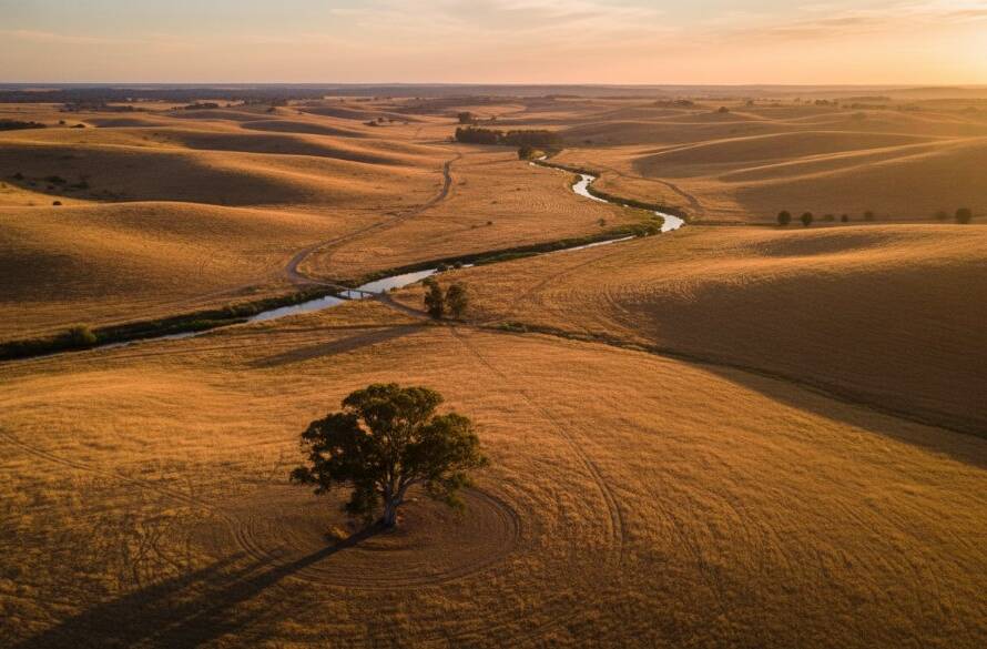 A dramatic aerial shot capturing the expansive Exford Victoria rural landscapes at sunrise, with golden light illuminating rolling hills and a winding river, perfectly showcasing the breathtaking scale of drone photography.