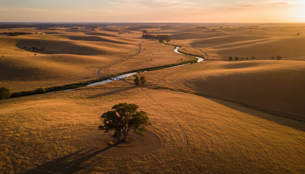 A dramatic aerial shot capturing the expansive Exford Victoria rural landscapes at sunrise, with golden light illuminating rolling hills and a winding river, perfectly showcasing the breathtaking scale of drone photography.