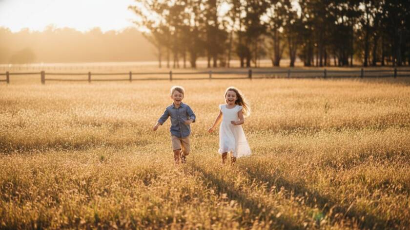 An epic moment captured during Exford Victoria kids outdoor adventure photography, showing two children laughing joyfully as they run through a sun-drenched, golden field at sunset, professional cinematic lighting.