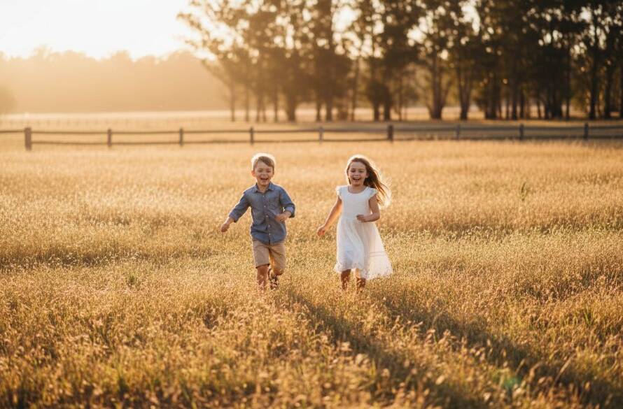 An epic moment captured during Exford Victoria kids outdoor adventure photography, showing two children laughing joyfully as they run through a sun-drenched, golden field at sunset, professional cinematic lighting.