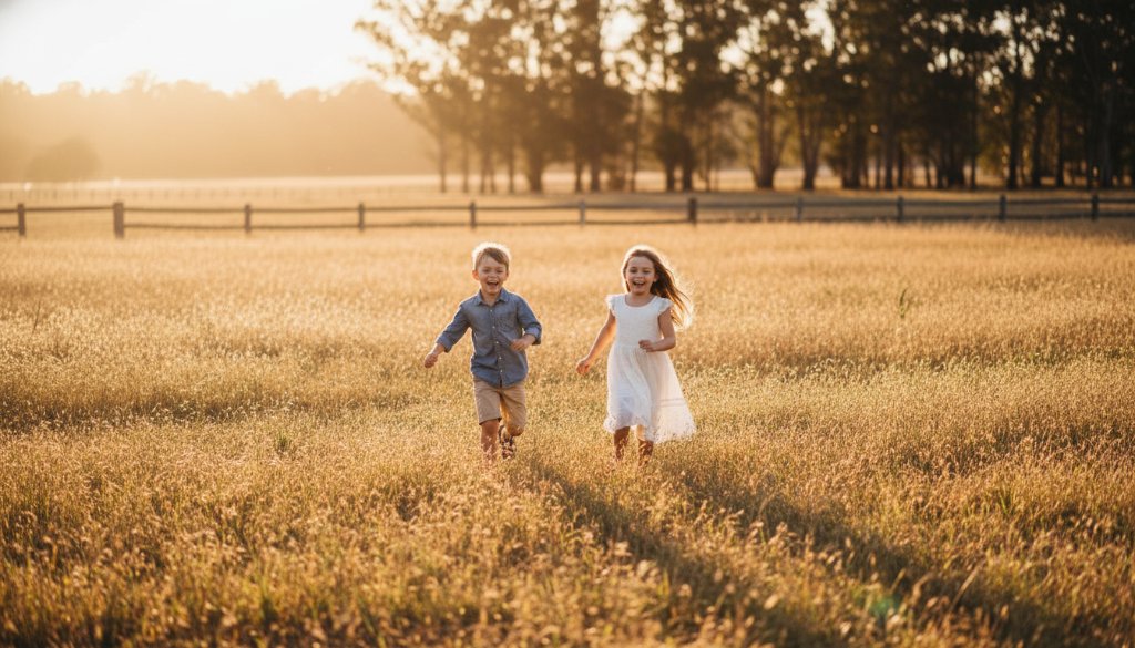 An epic moment captured during Exford Victoria kids outdoor adventure photography, showing two children laughing joyfully as they run through a sun-drenched, golden field at sunset, professional cinematic lighting.