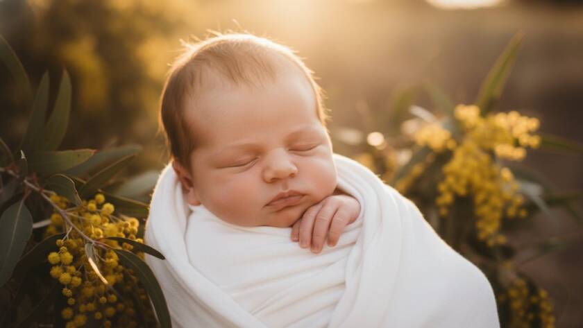 An ethereal portrait of a sleeping newborn baby swaddled in soft organic fabric, bathed in warm, golden Exford Victoria natural light, with a gentle bokeh of distant, sun-dappled Australian bushland in the background, evoking a sense of peaceful serenity and new beginnings.