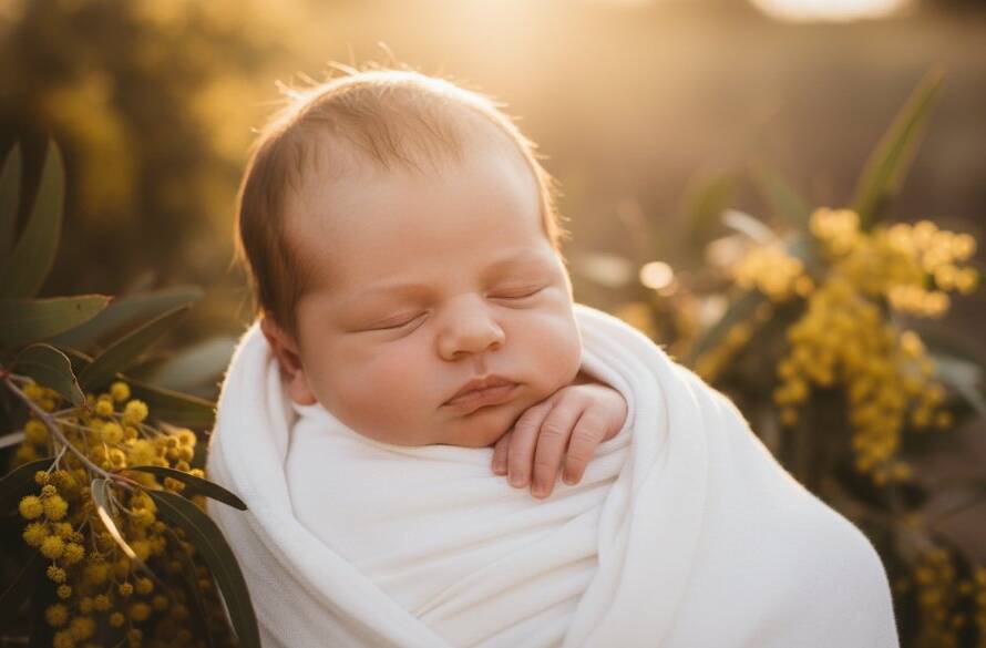 An ethereal portrait of a sleeping newborn baby swaddled in soft organic fabric, bathed in warm, golden Exford Victoria natural light, with a gentle bokeh of distant, sun-dappled Australian bushland in the background, evoking a sense of peaceful serenity and new beginnings.