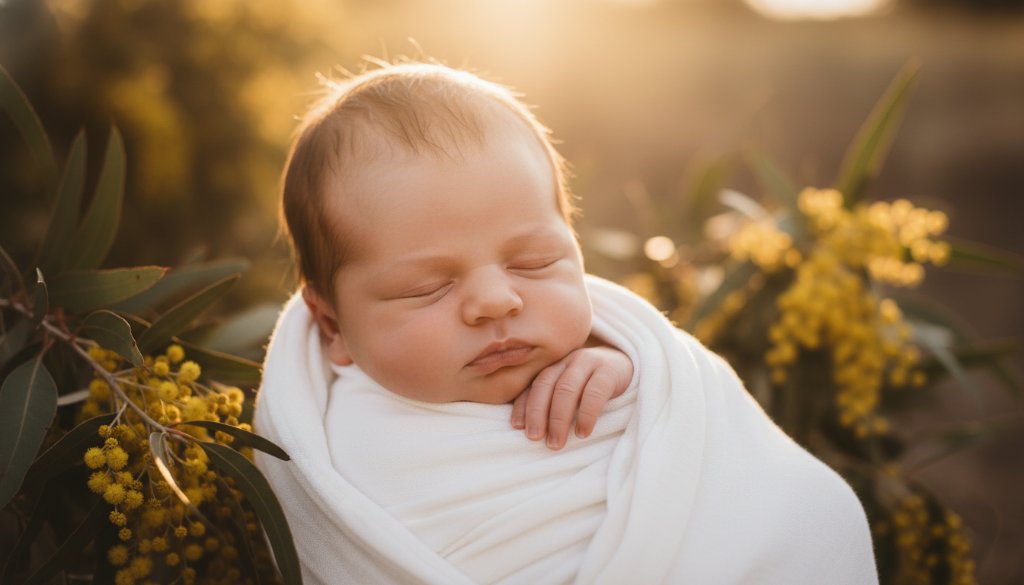 An ethereal portrait of a sleeping newborn baby swaddled in soft organic fabric, bathed in warm, golden Exford Victoria natural light, with a gentle bokeh of distant, sun-dappled Australian bushland in the background, evoking a sense of peaceful serenity and new beginnings.