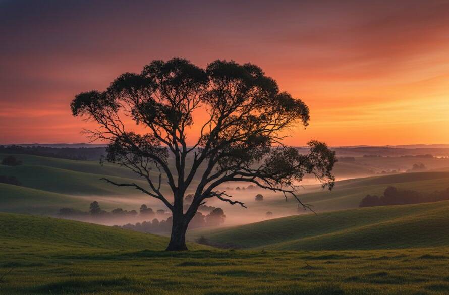 Dramatic wide-angle shot showcasing Exford Victoria serene fine art landscape photography, featuring a lone majestic gum tree silhouetted against a vibrant sunset over rolling hills, with a subtle mist enhancing the atmospheric depth and professional colour grading.