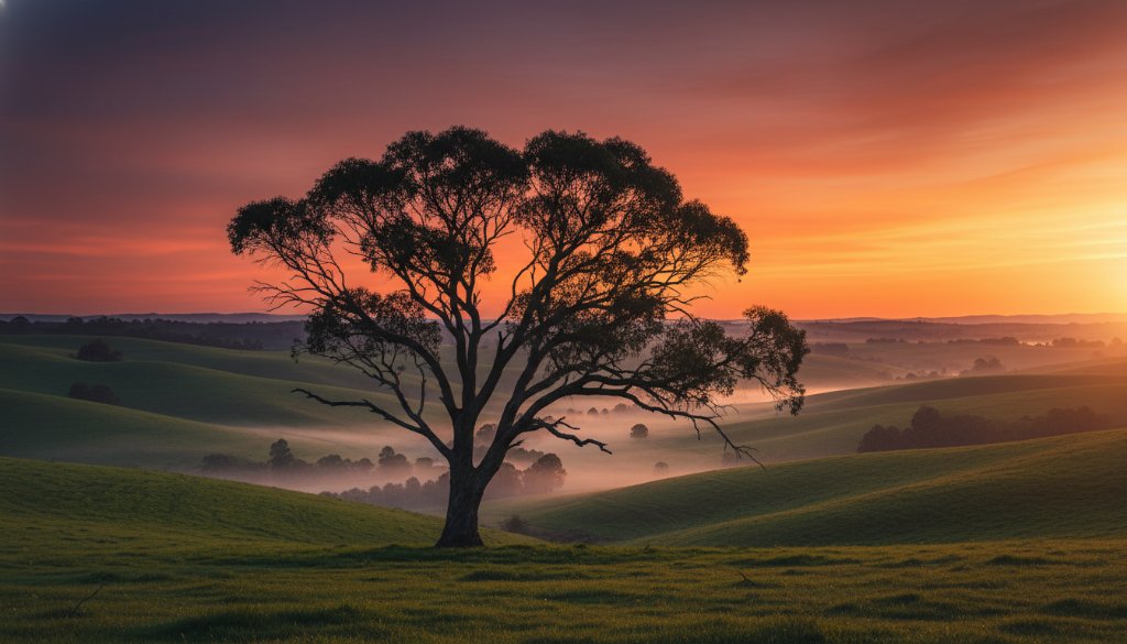 Dramatic wide-angle shot showcasing Exford Victoria serene fine art landscape photography, featuring a lone majestic gum tree silhouetted against a vibrant sunset over rolling hills, with a subtle mist enhancing the atmospheric depth and professional colour grading.