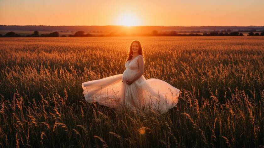 A radiant expectant mother in a flowing gown at an Exford Victoria sunset maternity photoshoot, standing gracefully amidst golden fields with the sun setting dramatically behind her, capturing an epic, luminous moment.