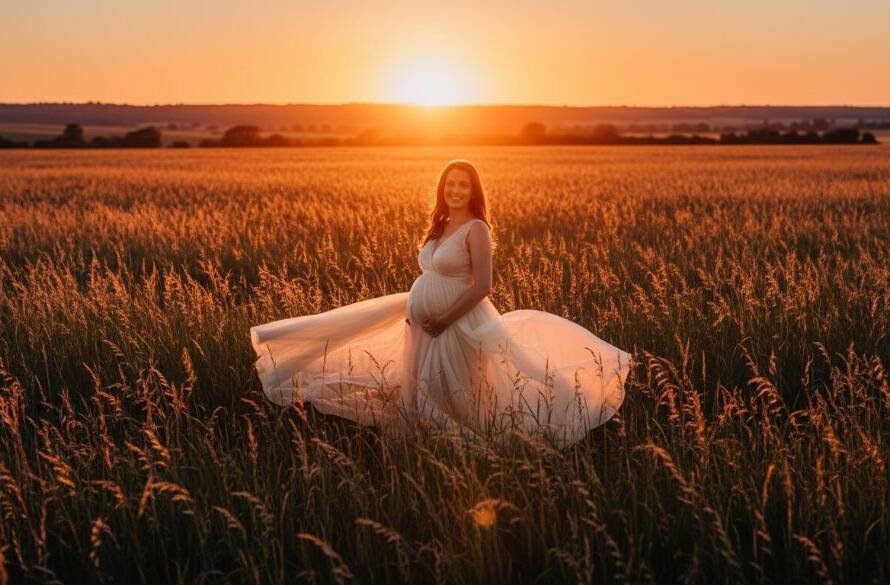 A radiant expectant mother in a flowing gown at an Exford Victoria sunset maternity photoshoot, standing gracefully amidst golden fields with the sun setting dramatically behind her, capturing an epic, luminous moment.