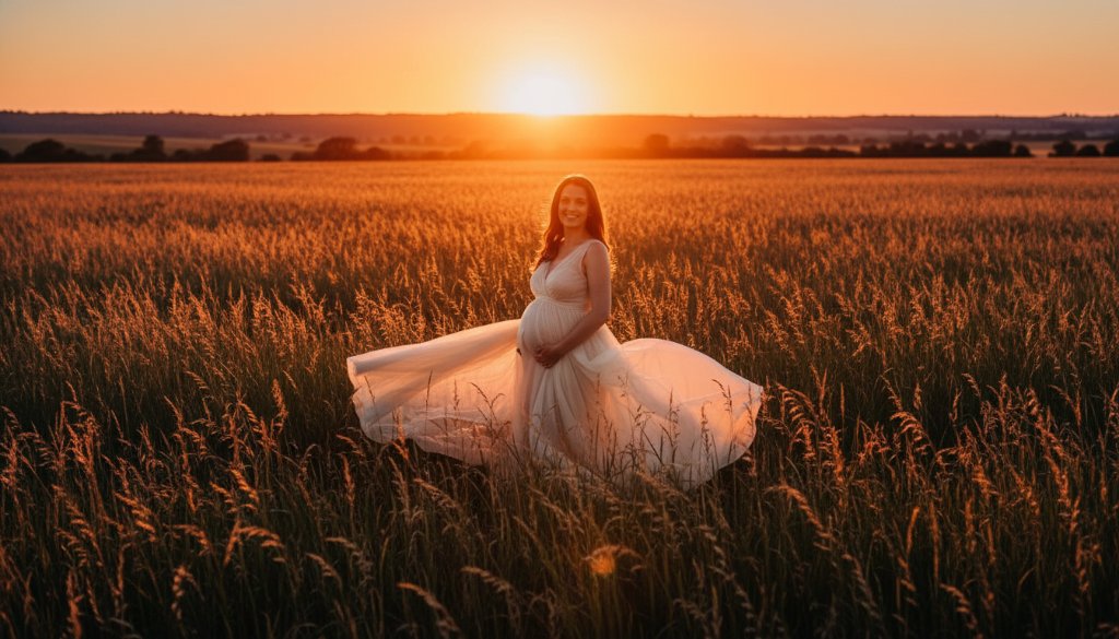 A radiant expectant mother in a flowing gown at an Exford Victoria sunset maternity photoshoot, standing gracefully amidst golden fields with the sun setting dramatically behind her, capturing an epic, luminous moment.