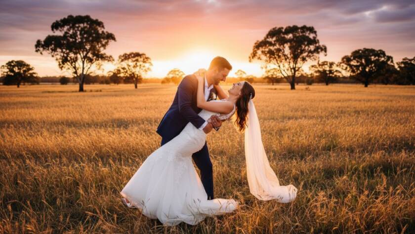 A newly married couple sharing a tender, joyful embrace at sunset in Exford, Victoria, showcasing the rustic charm of the landscape. This epic moment of Exford Victoria wedding photography rustic charm is captured with warm, golden hour light highlighting their love.