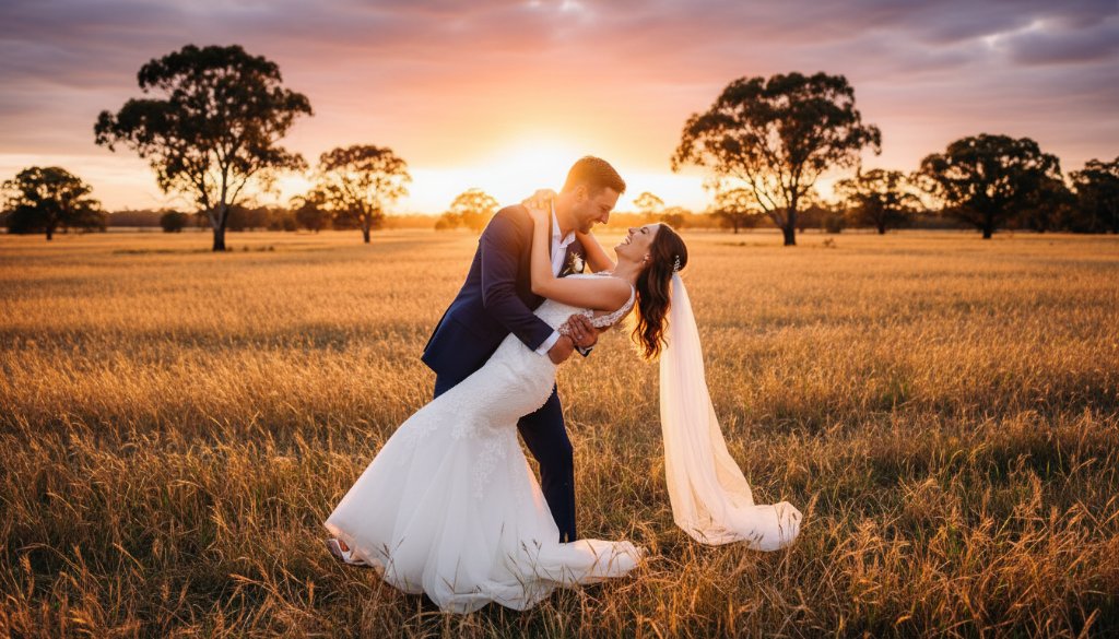 A newly married couple sharing a tender, joyful embrace at sunset in Exford, Victoria, showcasing the rustic charm of the landscape. This epic moment of Exford Victoria wedding photography rustic charm is captured with warm, golden hour light highlighting their love.