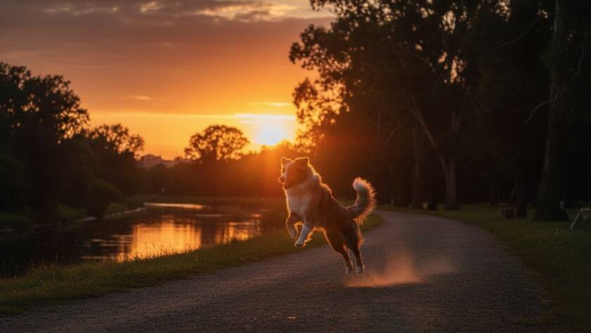 A majestic golden retriever joyfully leaping through golden afternoon light in a Bulleen park, capturing an epic moment by an experienced pet photographer Bulleen natural outdoor portraits, with dappled sunlight highlighting its fur and the surrounding native Australian trees.