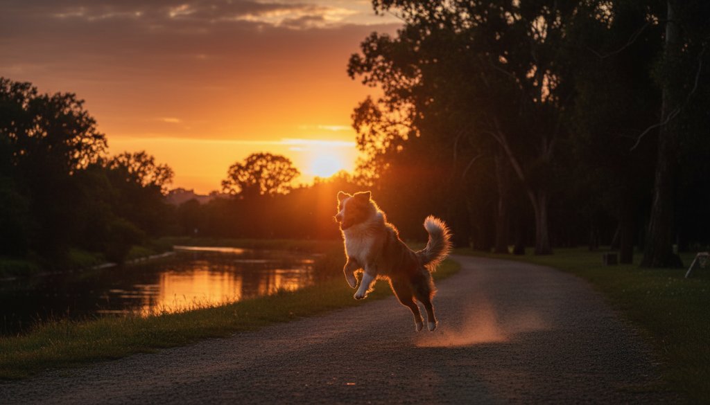 A majestic golden retriever joyfully leaping through golden afternoon light in a Bulleen park, capturing an epic moment by an experienced pet photographer Bulleen natural outdoor portraits, with dappled sunlight highlighting its fur and the surrounding native Australian trees.
